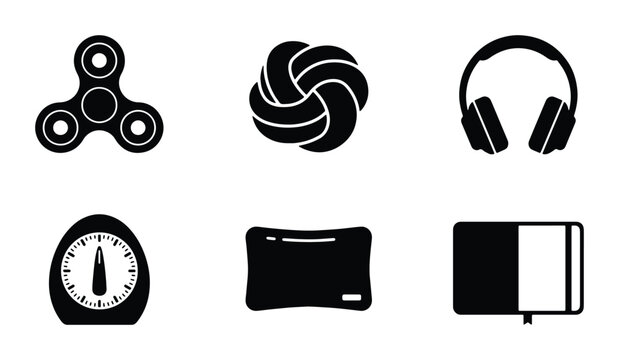 Fidget Spinner, Stress Ball, Headphones, Timer, Pillow, Notebook Icons: Relaxation, Focus, and Productivity Vector Set