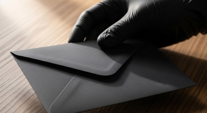 Close-up of a person wearing black gloves holding a gray envelope on a wooden surface suitable for mailing or mailing services advertising or stationery products