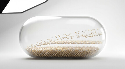 Fototapeta premium Shimmering golden beads dancing inside a sleek transparent capsule in a bright studio setting