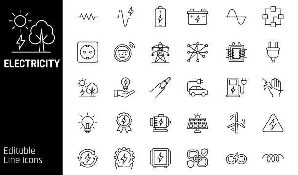 Electricity and Power Systems Line Icon Set with Editable Stroke