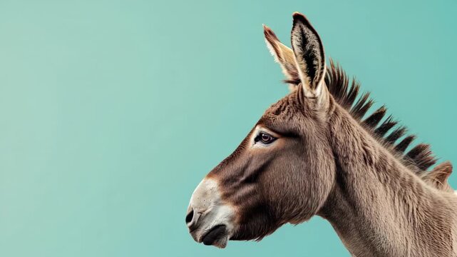 Close-up of brown donkey against teal background