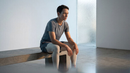 Naklejka premium Pensive man finds solace on a stark concrete bench in a bright minimalist studio under soft light