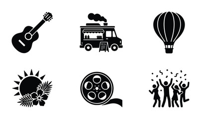 Vector Icons: Ukulele, Food Truck, Hot Air Balloon, Tropical Sun, Film Reel, Celebration. Graphic Elements for Lifestyle & Travel Themes. © Nasrin