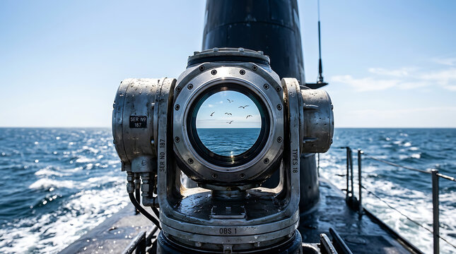 Submarine Periscope Lens Reflecting Ocean Sky and Birds Under Blue Daylight