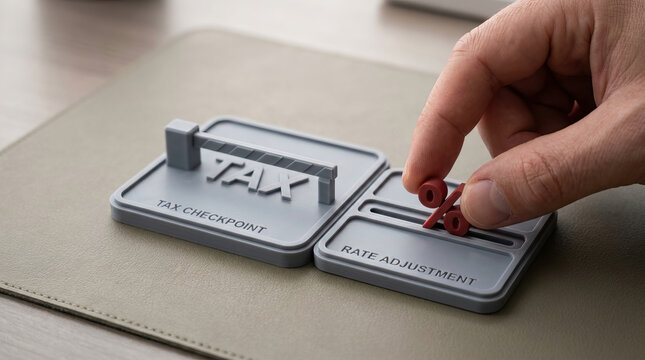 Tax checkpoint rate adjustment hand businessman percentage finance tax concept, businessman hand moving percentage marker near tax checkpoint and rate adjustment model on desk