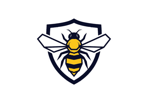 Cropped graphic emblem of a stylized yellow and black striped bee with