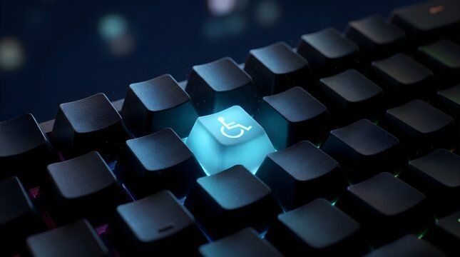 Dramatic macro shot of a glowing accessibility symbol on a computer keyboard, emphasizing digital inclusion and universal access in technology.