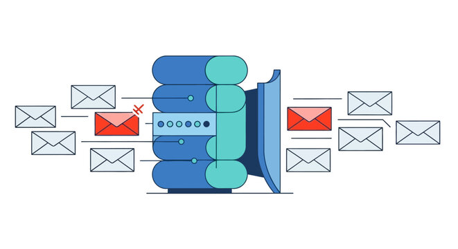 Cybersecurity Concept Illustration of Email Server with Spam Filter and Firewall Shield