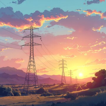 Sunset over industrial power lines and wind turbines.