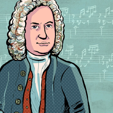 Johann Sebastian Bach with musical notes in background, color Illustration