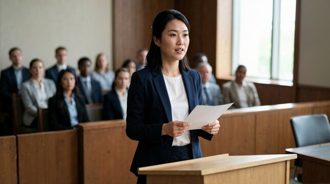 Confident Asian female lawyer speaking at a podium in a courtroom. Attorney presenting argument during a legal trial