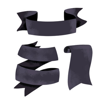 Set of Black Watercolor Ribbon Banners &mdash; Hand-Painted Scroll, Bookmark and Curved Label Collection for Vintage, Luxury and Decorative Design Projects