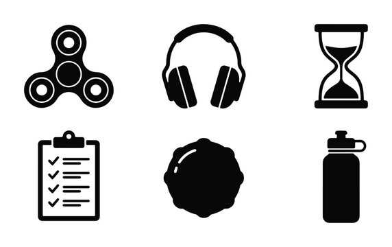 Fidget Spinner, Headphones, Hourglass, Checklist, Stress Ball, Water Bottle Icons: Vector Set for Lifestyle and Productivity