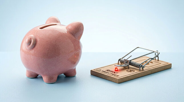Pink piggy bank faces mousetrap labeled with risk and high fees warning symbolizing financial npl prevention and caution in money management to avoid losses and debt
