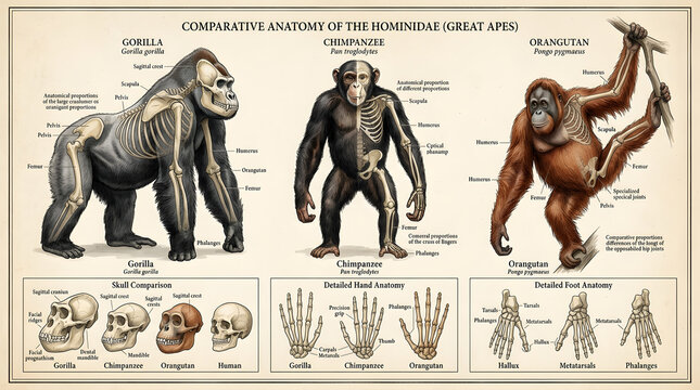 Comparative anatomy illustration of great apes with skeletal and muscular structures