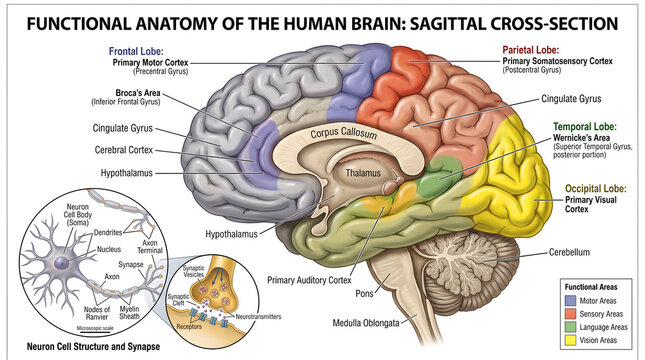 The human brain shows a detailed sagittal cross-section anatomy diagram in medical illustration.