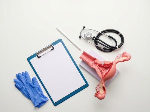 Female reproductive system model with stethoscope and board gynecological examination patient care