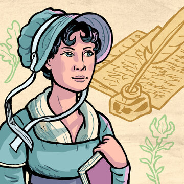 Jane Austen. Collage with book and writing quill