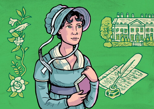 Jane Austen. Collage with flowers, English country house and writing quill