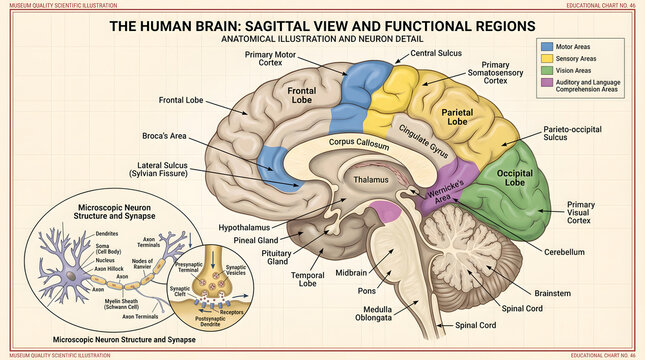 The human brain sagittal view shows functional regions and anatomy