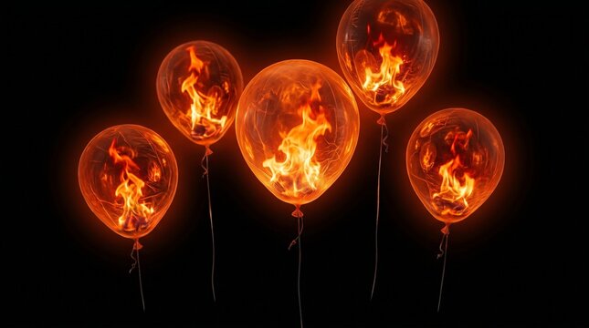 Several translucent rubber balloons filled with bright orange flames float against a pitch black background creating a surreal visual effect of fire trapped inside floating spheres