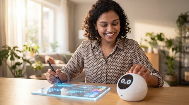 Smiling woman interacting with small home robotic assistant while using digital tablet technology assistant interaction intelligence