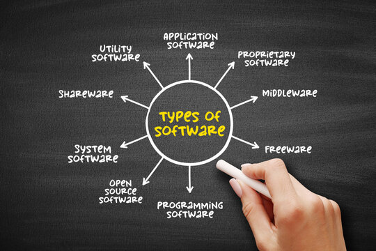 Types of Software diagram explaining application, system, programming, utility, middleware, freeware, shareware, proprietary and source categories used in computing education