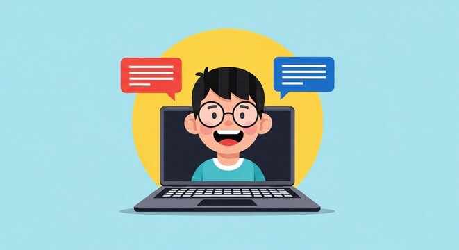 Happy boy with glasses smiling and talking on a laptop with speech bubbles in a colorful digital communication illustration perfect for online education or remote work themes