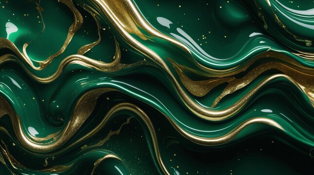 Luxury abstract digital background texture with elegant fluid waves of deep emerald green and metallic gold marble liquid art style