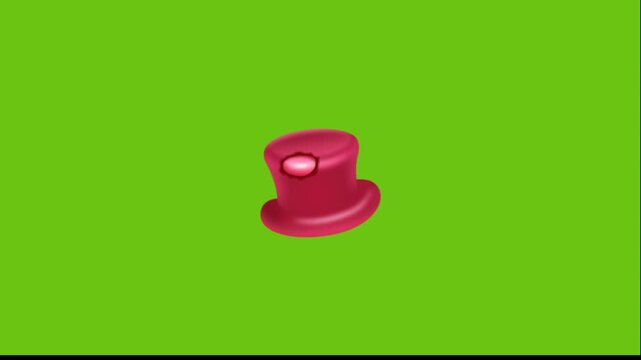 Static animation of red top hat icons on green screen background. Seamless loop of four identical hat graphics.
