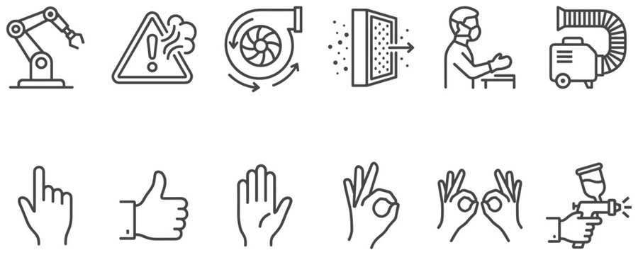 Set of industrial safety icons for factory manufacturing work and protection.