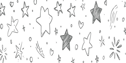 Hand drawn doodle sketch background with cute stars, hearts, shooting stars, and dots in playful vector illustration. © Artful