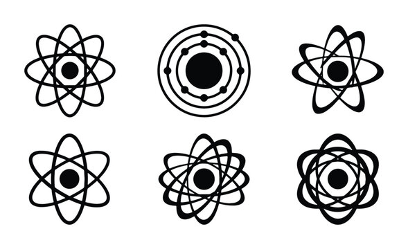 Atomic Structure Icons, Science Symbols, Nucleus Orbit Graphics, Chemistry Elements, Physics Concepts, Molecular Models, Vector Set