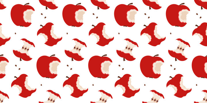 Bitten apples seamless pattern. Vector fruit summer background with juicy and fresh red apple. Texture perfect for packaging, textile design, wrapping paper, wallpaper.