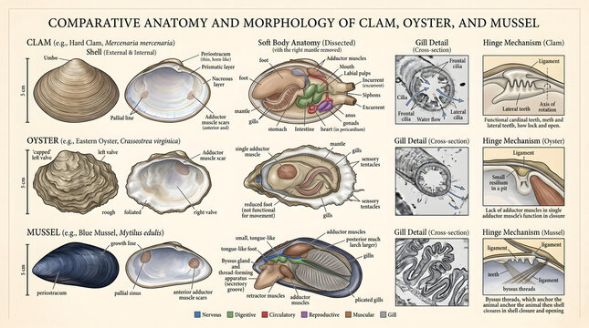 An in-depth scientific illustration detailing the comparative anatomy and unique morphology of common marine bivalve mollusks, highlighting their diverse internal structures and biological functions