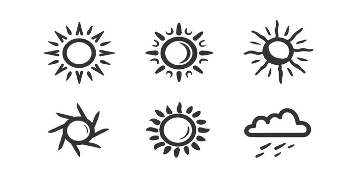 Hand drawn ink brush stroke sun and cloud icons in black and white sketch style vector illustration.