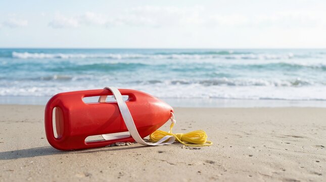 Red lifeguard rescue can with yellow rope on a sandy beach. Professional emergency water safety equipment by the ocean