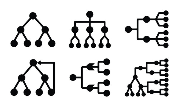 Hierarchical Structure Icons, Organizational Chart Diagrams, Tree Branching Flowcharts, Data Flow Visualizations, Network Topology Graphics, Decision Tree Concepts