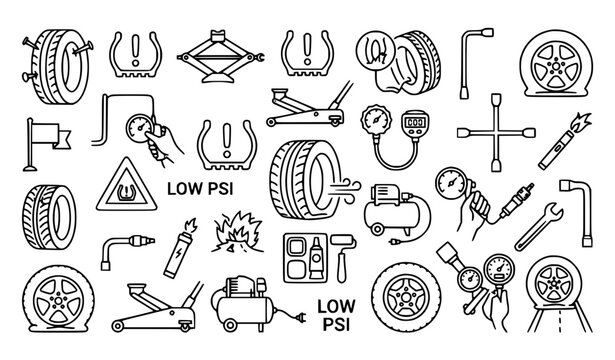 Car Tire Service, Flat Tire Repair, and Tire Pressure Maintenance Minimalist Line Art Icon Set Featuring Hydraulic Jacks, Air Compressors, Lug Wrenches, and Low PSI Warning Symbols for Auto Branding