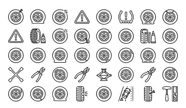 Car Tire Service, Flat Tire Repair, and Wheel Maintenance Minimalist Line Art Icon Set Featuring Car Jack, Lug Wrench, Tire Pressure Gauges, and Emergency Repair Tools for Auto Branding