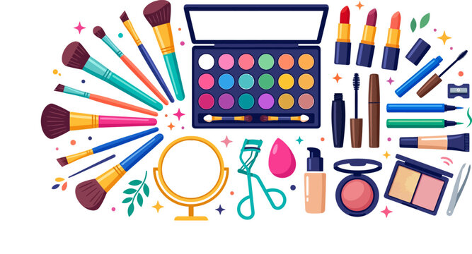 Colorful makeup collection eyeshadow palette brushes lipstick and cosmetic accessories