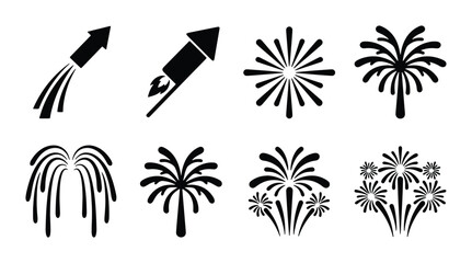 Set of 8 Black Fireworks Icons, Vector Graphics for Celebration and Event Design, Festive Pyrotechnics Elements © Foysal