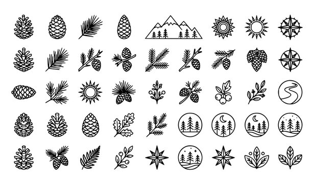 Pine Cones, Coniferous Branches, and Winter Forest Geometric Line Art Icon Set Featuring Spruce Needles, Mountains, Compass Stars, and Nature Badges for Botanical Branding