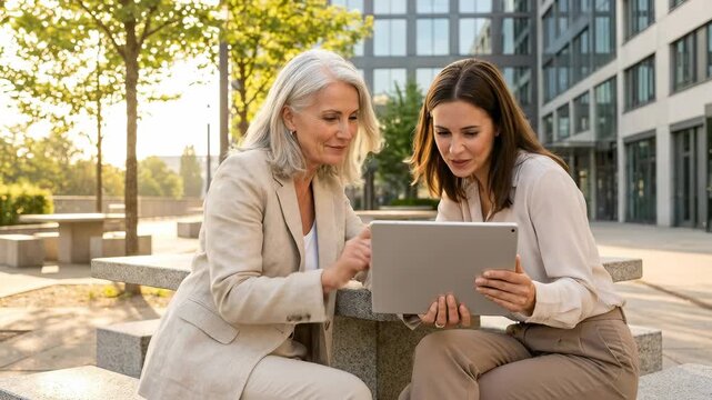 Two women of different generations collaborating on a tablet outdoors in a modern urban setting