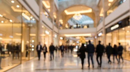 Obraz premium Blurred view of people walking through high end shopping mall interior with bright retail stores and elegant architecture creating luxurious shopping atmosphere during daytime
