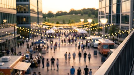 Obraz premium People browsing and walking past food trucks at outdoor urban food festival in city plaza during golden hour with string lights glowing above and modern buildings in background