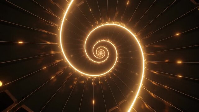 Golden glowing light spiral trail in dark circular tunnel motion design abstract 3d rendering background for technology and energy concept