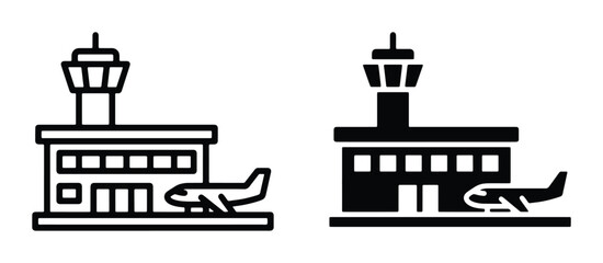 Naklejka premium Airport Terminal and Control Tower Icons, Airplane Landing Strip Vector Graphics, Travel Transportation Symbols