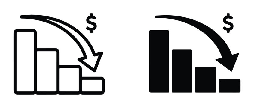 Falling Bar Chart Icons, Downward Trend, Financial Loss, Business Decline, Vector Graphics