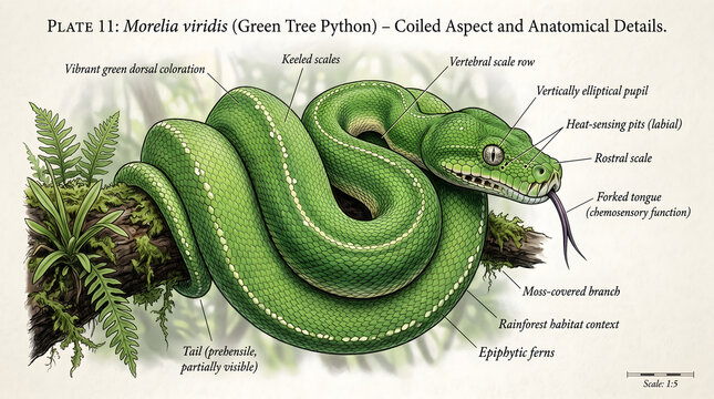 Detailed scientific illustration of a vibrant green tree python, Morelia viridis, coiled on a branch, highlighting its anatomical features and rainforest habitat details